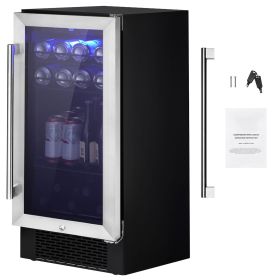 Wine Cooler, 96 Cans Capacity Under Counter Built-in or Freestanding Wine Refrigerator, Beverage Cooler with Blue LED Light, Single Door